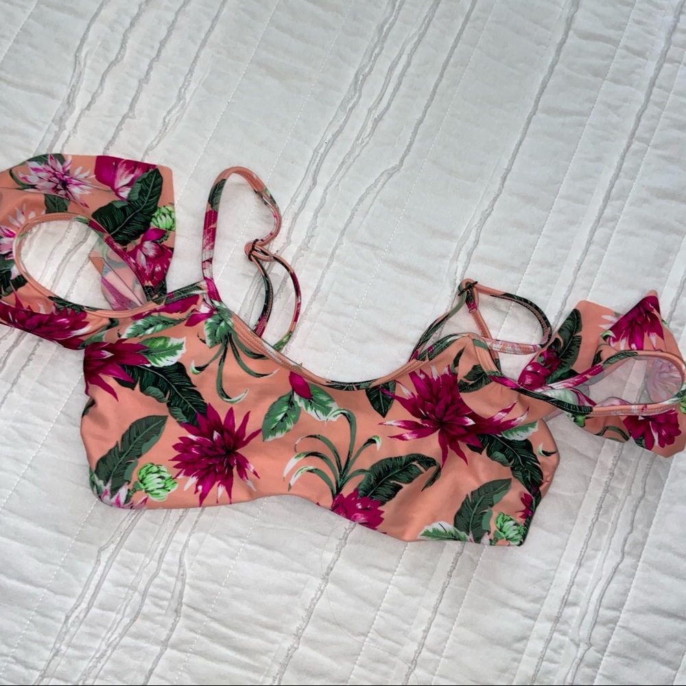 Tori Praver Tropical Floral Print Bikini Top XS pink peach green